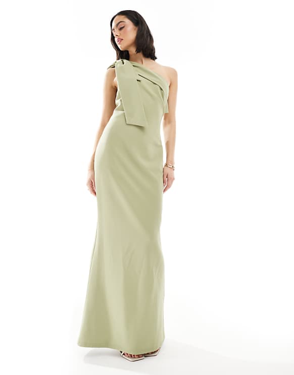 Pretty Lavish Bridesmaid crepe one shoulder bow maxi dress in olive