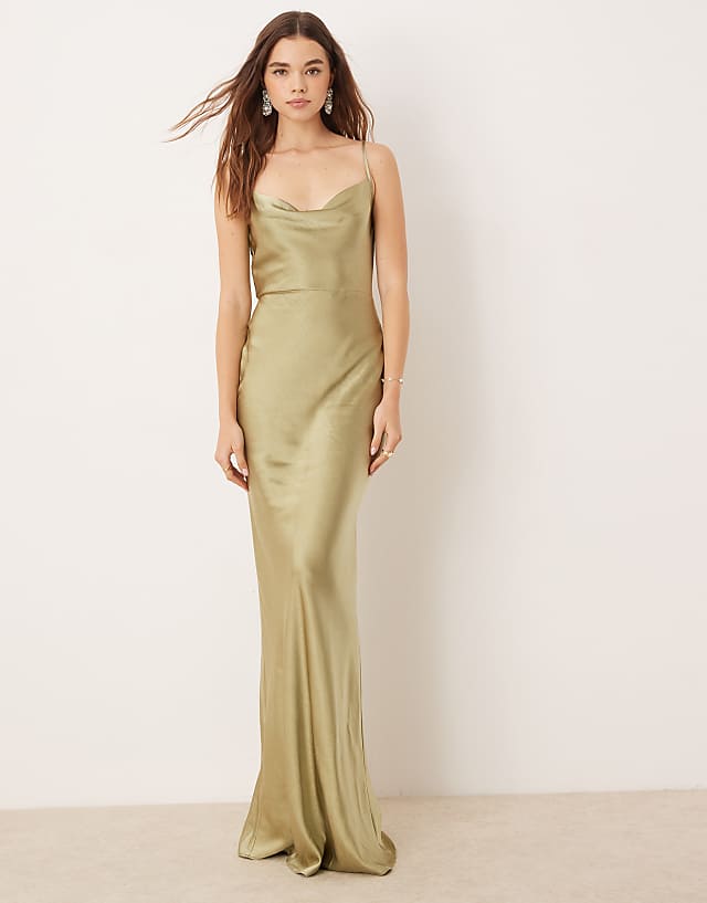 Pretty Lavish Bridesmaid Keisha Cowl Neck Satin Maxi Dress In Olive