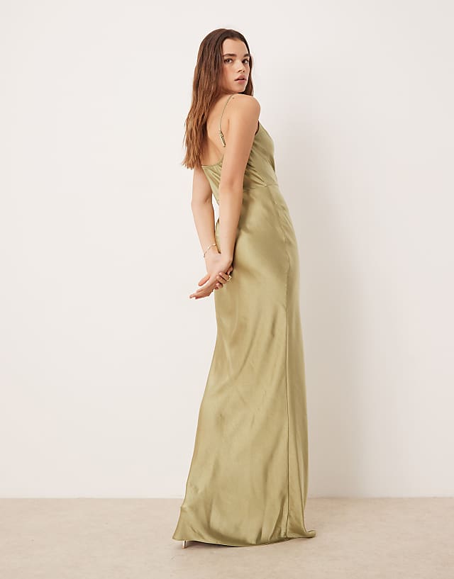 Pretty Lavish Bridesmaid Keisha Cowl Neck Satin Maxi Dress In Olive
