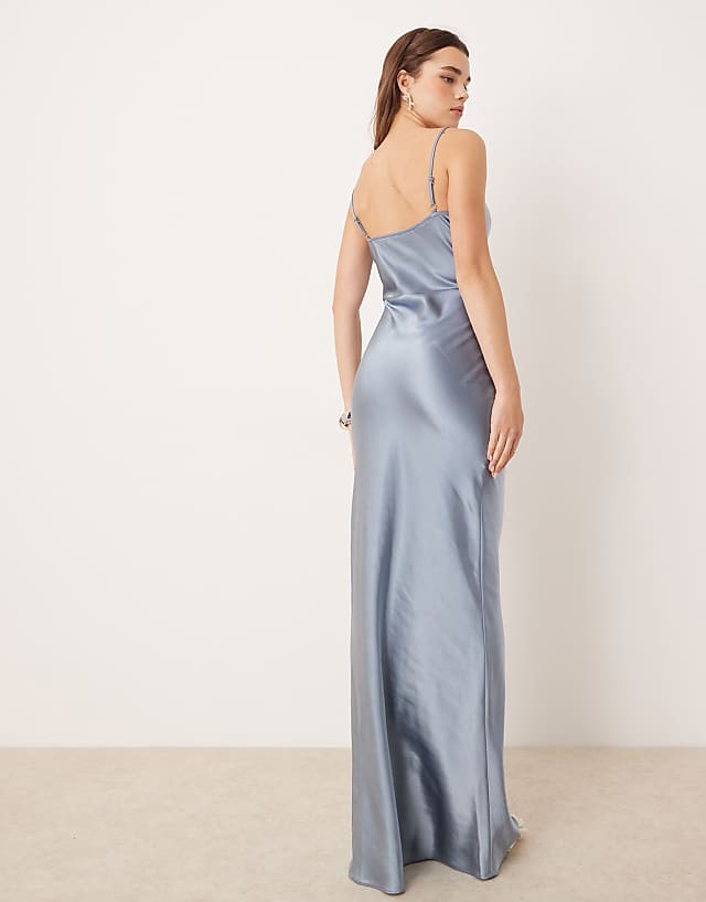 Pretty Lavish Bridesmaid Keisha Cowl Neck Satin Maxi Dress In Dusty Blue