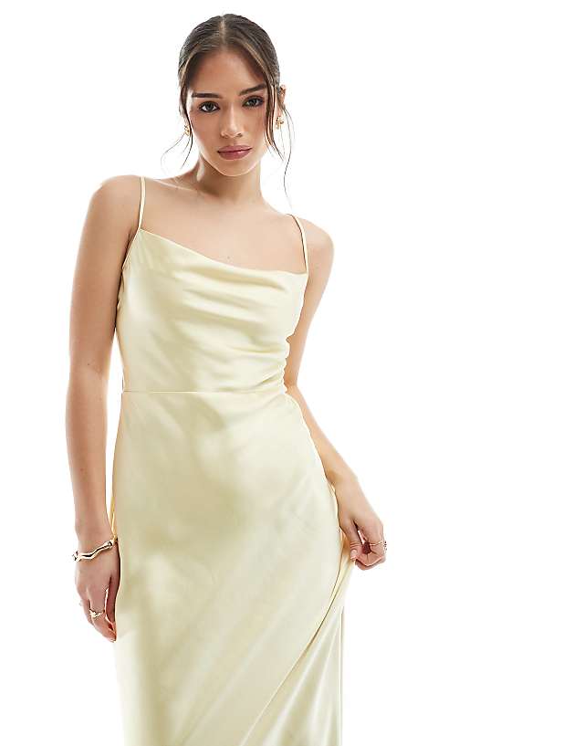 Pretty Lavish Bridesmaid Keisha Cowl Neck Satin Maxi Dress In Lemon