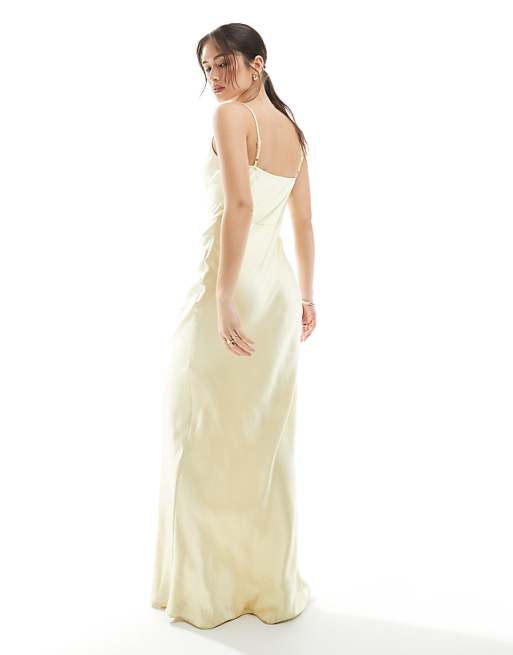Pretty Lavish Bridesmaid Keisha Cowl Neck Satin Maxi Dress In Lemon