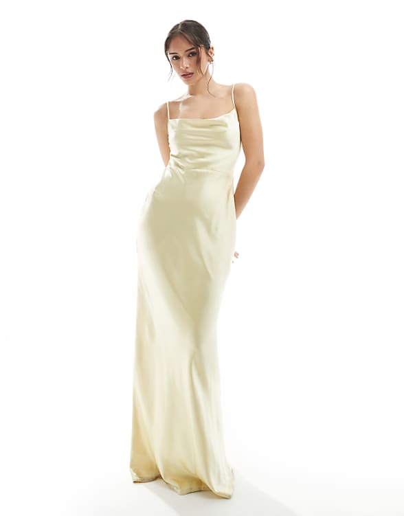 Pretty Lavish Bridesmaid Keisha cowl neck satin maxi dress in lemon
