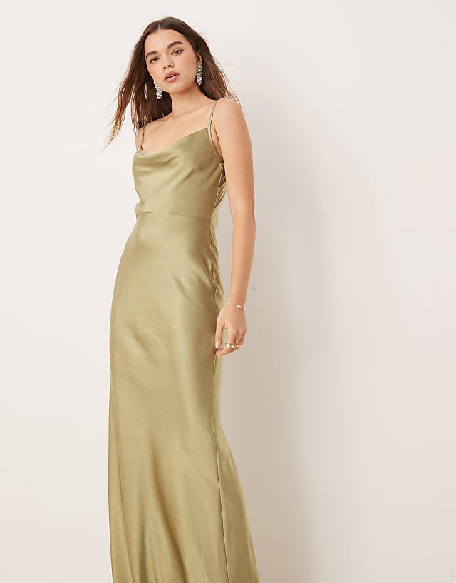 Pretty Lavish Bridesmaid Keisha cowl neck satin maxi dress in olive