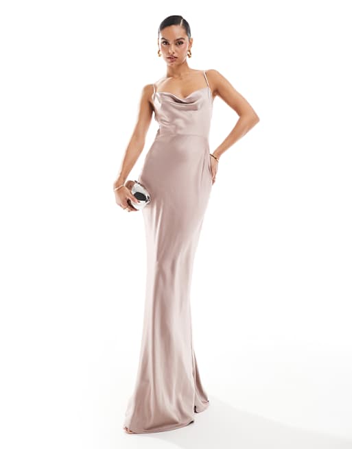 Pretty Lavish Bridesmaid Keisha Satin Cowl Neck Maxi Dress In Amethyst