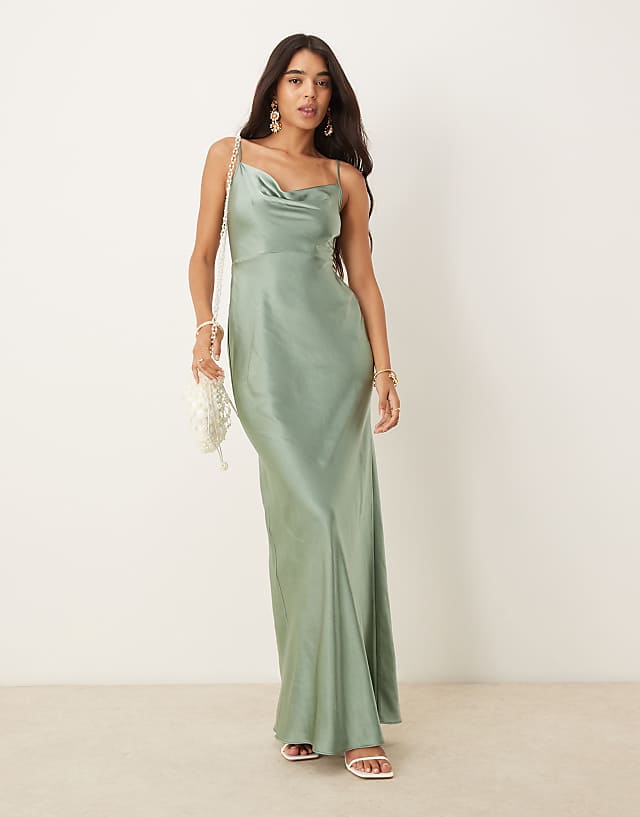 Pretty Lavish Bridesmaid Keisha Satin Cowl Neck Maxi Dress In Eucalyptus