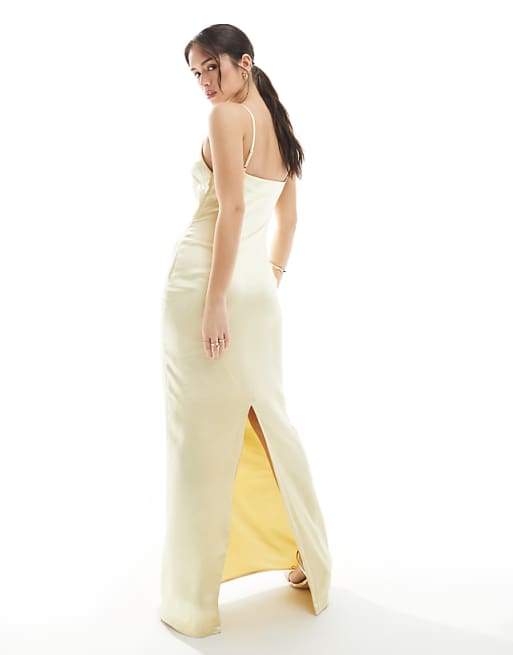 Pretty Lavish Bridesmaid Satin Boat Neck Maxi Dress In Lemon
