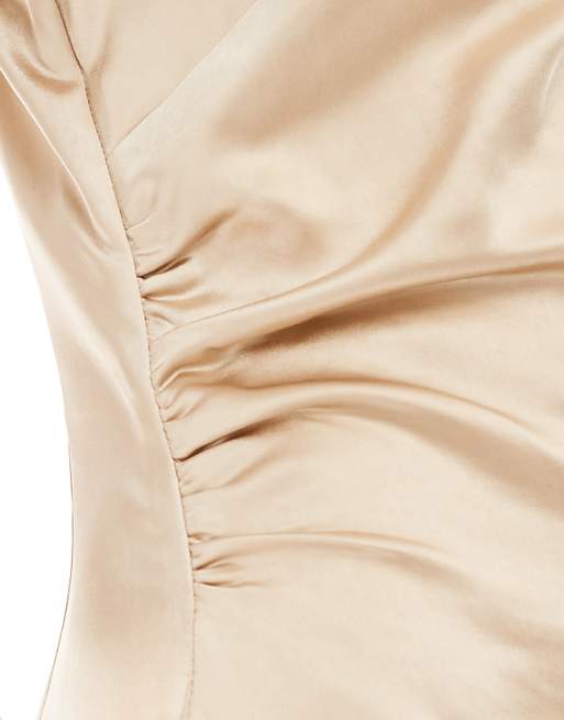 Pretty Lavish Bridesmaid Satin Boat Neck Maxi Dress In Matte Gold