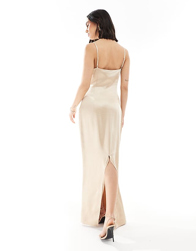 Pretty Lavish Bridesmaid Satin Boat Neck Maxi Dress In Matte Gold