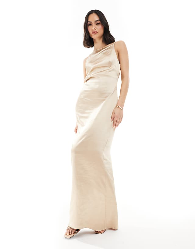 Pretty Lavish Bridesmaid satin boat neck maxi dress in matte gold
