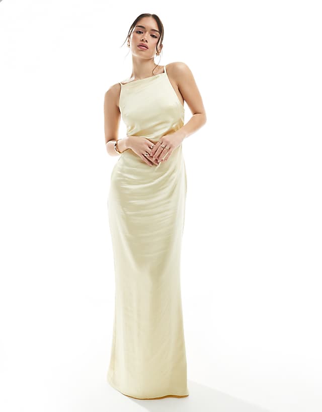 Pretty Lavish Bridesmaid satin boat neck maxi dress in lemon