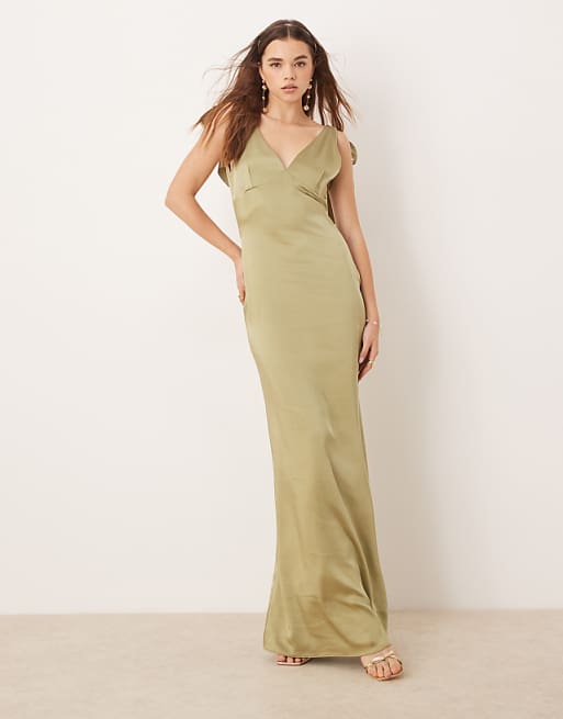 Pretty Lavish Bridesmaid Tie Shoulder Satin Maxi Dress In Olive