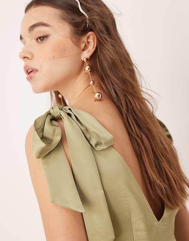 Pretty Lavish Bridesmaid Tie Shoulder Satin Maxi Dress In Olive