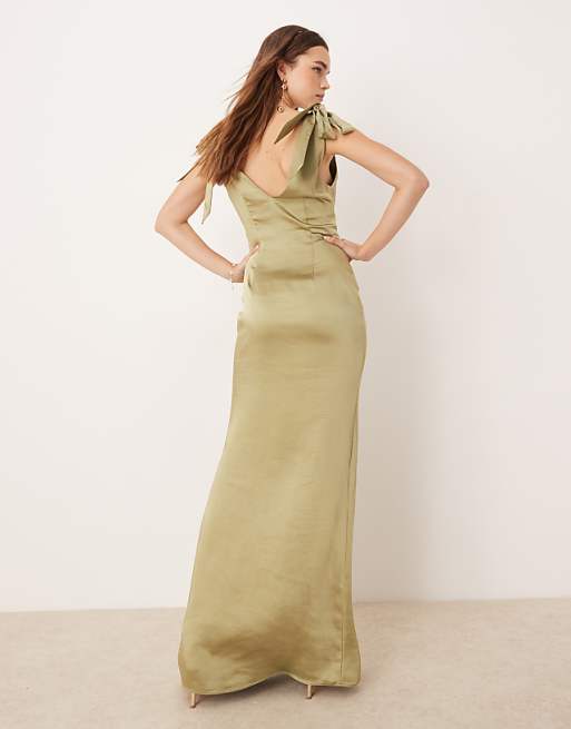 Pretty Lavish Bridesmaid Tie Shoulder Satin Maxi Dress In Olive