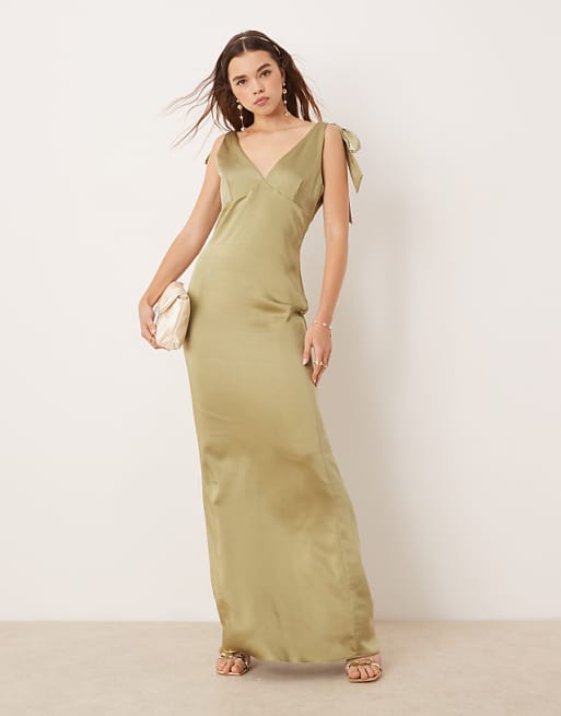 Pretty Lavish Bridesmaid tie shoulder satin maxi dress in olive