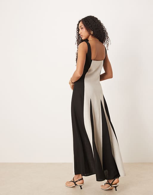 Pretty Lavish Square Neck Contrast Linen Maxi Dress In Cream And Black