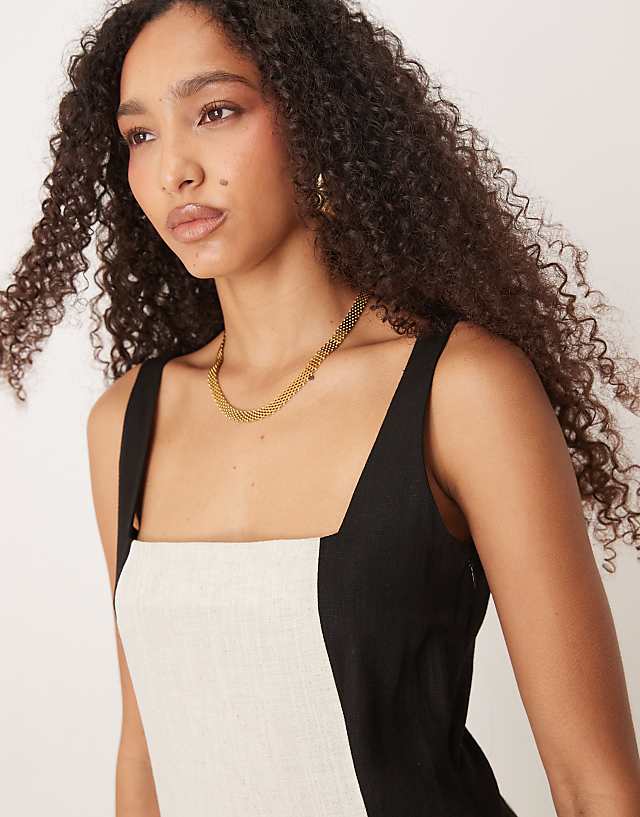 Pretty Lavish Square Neck Contrast Linen Maxi Dress In Cream And Black