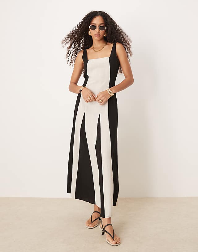 Pretty Lavish square neck contrast linen maxi dress in cream and black
