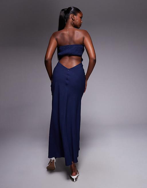Princess Polly Contains Linen Bandeau Shirred Back Cut Out Detail Maxi Dress In Navy