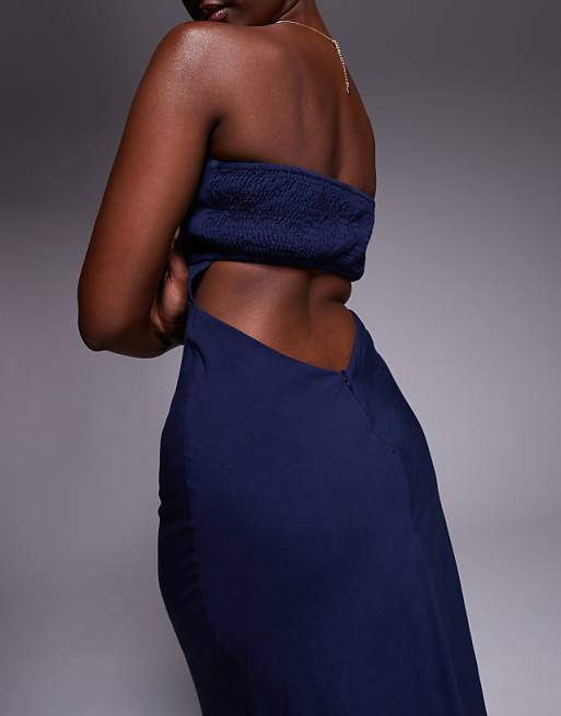 Princess Polly Contains Linen Bandeau Shirred Back Cut Out Detail Maxi Dress In Navy