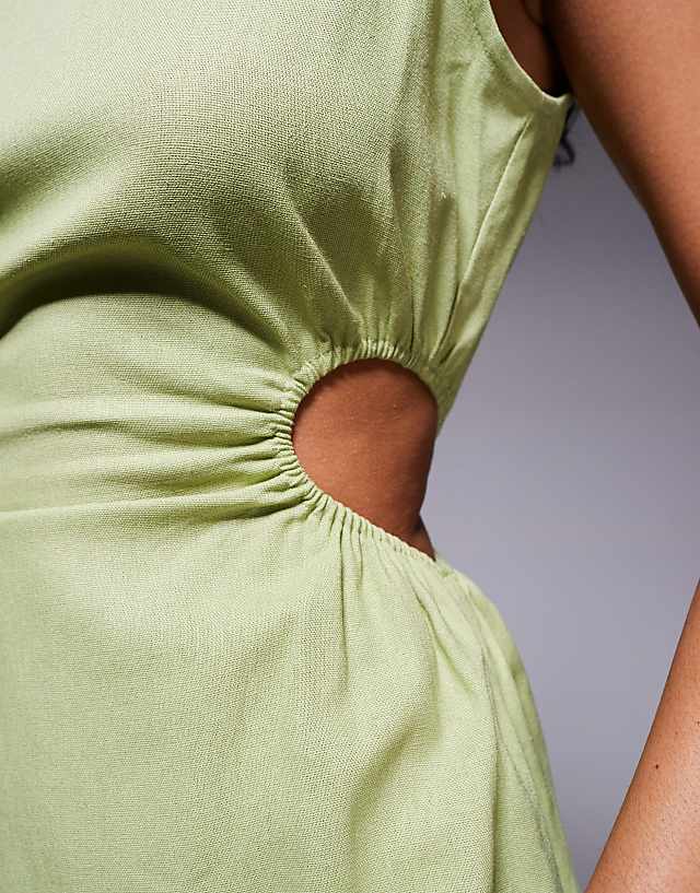 Princess Polly Mayzie Linen Blend Cut Out Side Sleeveless Mini Dress In Sage Green