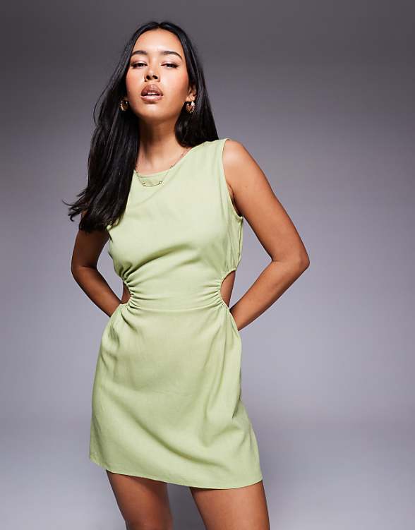 Princess Polly Mayzie linen blend cut out side sleeveless mini dress in sage green