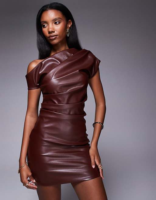 Public Desire Faux leather ruched detail one shoulder mini dress brown in brown