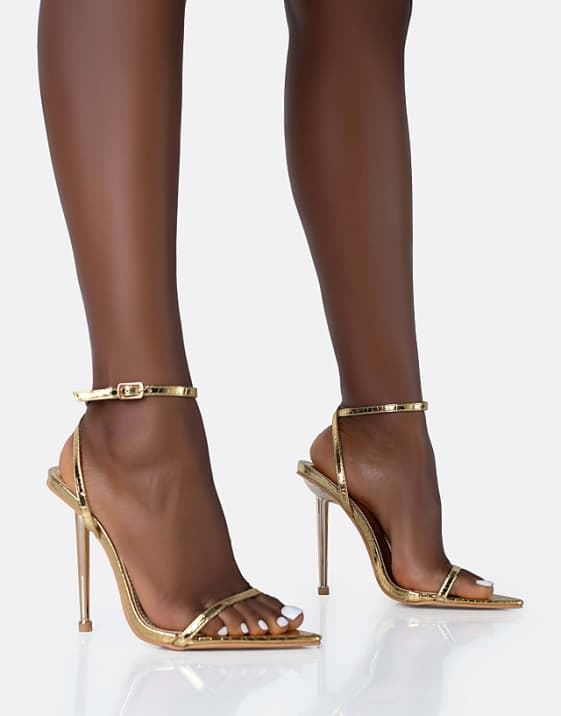 Public Desire Legacy croc barely there pointed toe gold stiletto heels in gold croc