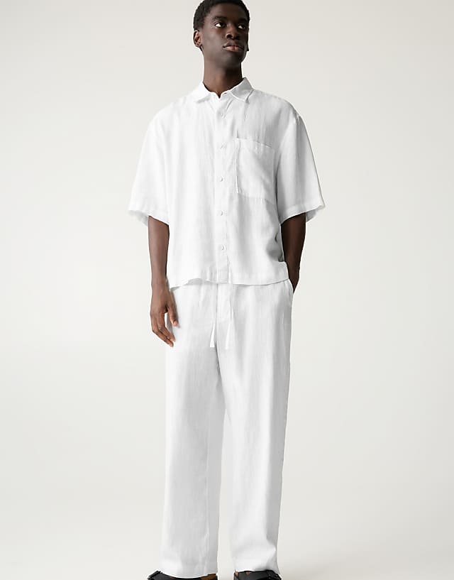 Pull&Bear 100% Linen Boxy Fit Shirt In Off White