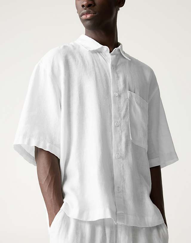 Pull&Bear 100% Linen Boxy Fit Shirt In Off White