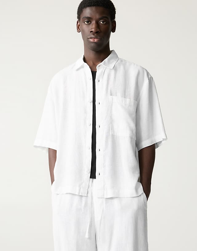 Pull&Bear 100% Linen Boxy Fit Shirt In Off White