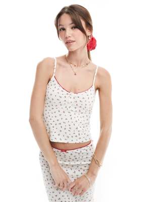 Pull&Bear Ditsy Floral Pointelle Cami Top Co-ord In White