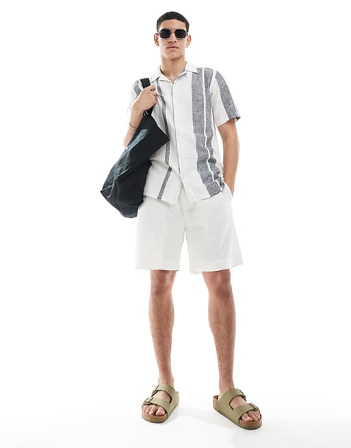 Pull&Bear Linen Blend Jogger Bermuda Shorts In Off White
