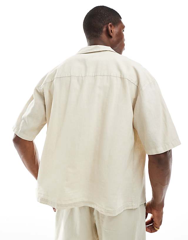 Pull&Bear Linen Blend Short Sleeve Shirt In Beige