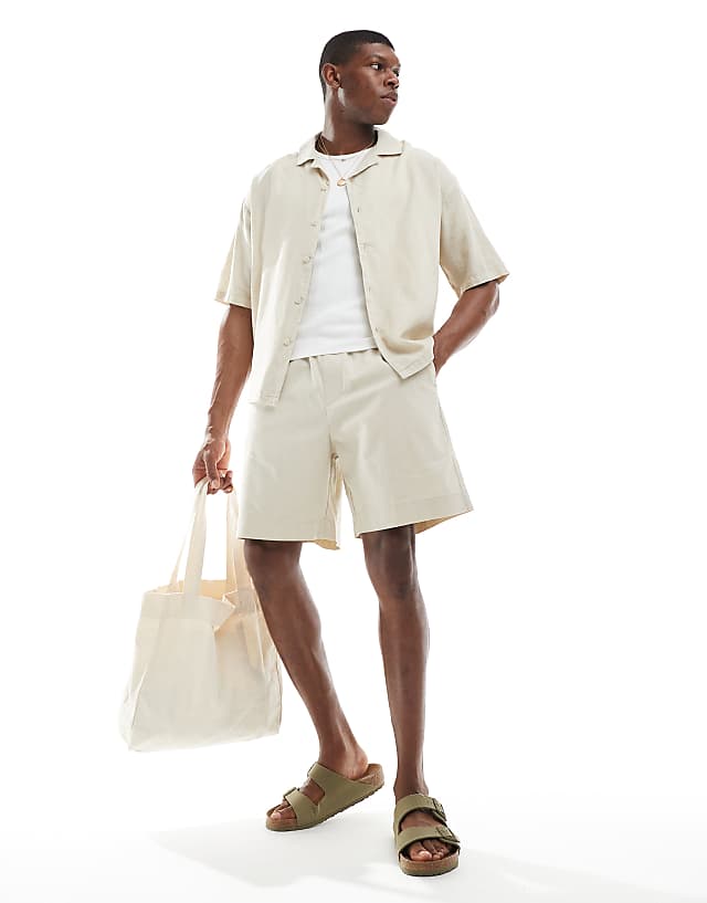 Pull&Bear Linen Blend Short Sleeve Shirt In Beige