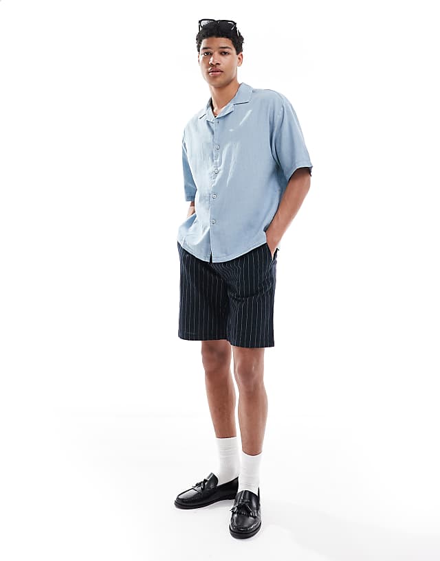 Pull&Bear Linen Blend Short Sleeve Shirt In Blue