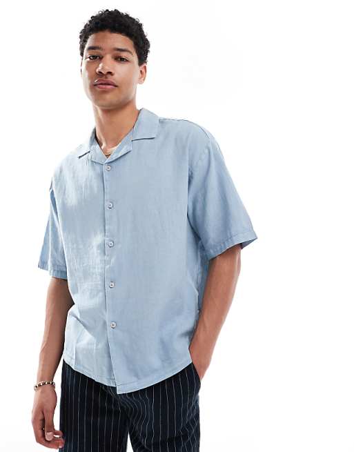 Pull&Bear Linen Blend Short Sleeve Shirt In Blue