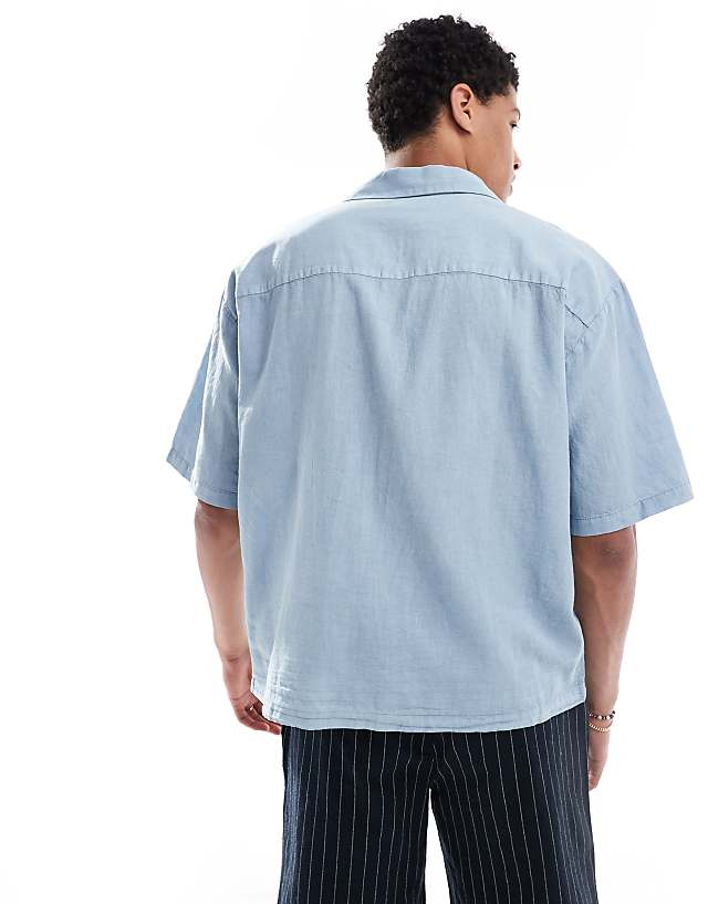 Pull&Bear Linen Blend Short Sleeve Shirt In Blue