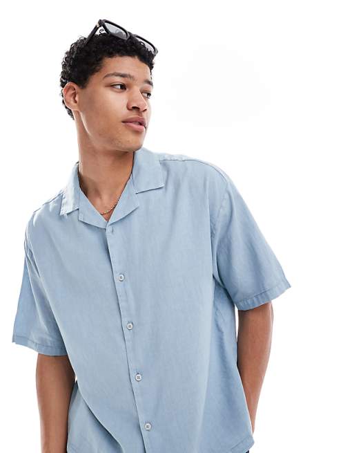 Pull&Bear Linen Blend Short Sleeve Shirt In Blue