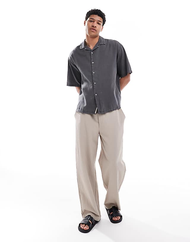 Pull&Bear Linen Blend Short Sleeve Shirt In Grey