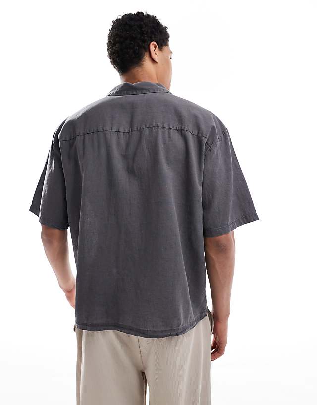 Pull&Bear Linen Blend Short Sleeve Shirt In Grey