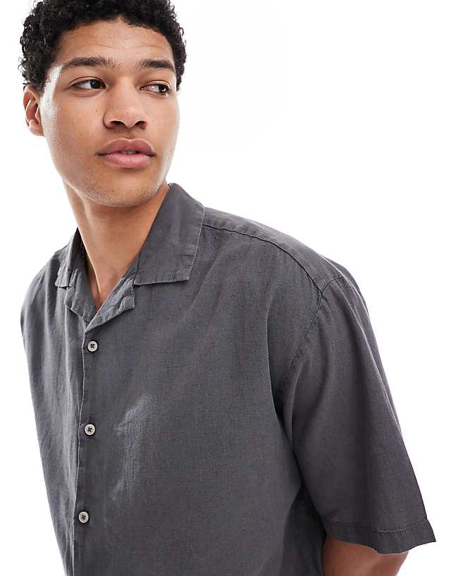 Pull&Bear Linen Blend Short Sleeve Shirt In Grey