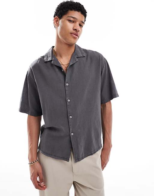 Pull&Bear linen blend short sleeve shirt in grey