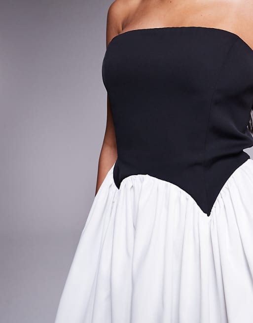 Rare London Bandeau Contrast Corset Scallop Detail Mini Dress In Monochrome