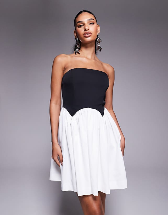Rare London Bandeau Contrast Corset Scallop Detail Mini Dress In Monochrome