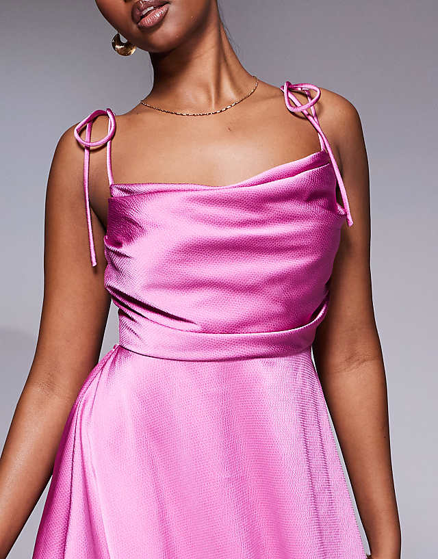 Rare London Satin Ruched Bust Tie Back Floaty Mini Dress In Pink