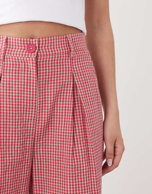 Reclaimed Vintage Baggy Tailored Linen Look Trouser In Red Gingham