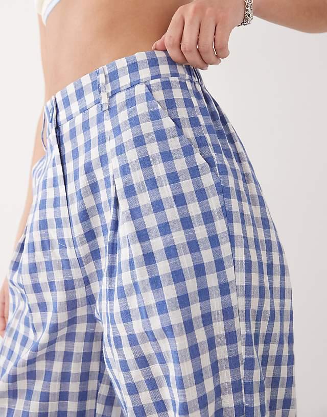 Reclaimed Vintage Baggy Tailored Linen Look Trouser In Blue Check