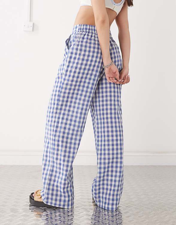 Reclaimed Vintage Baggy Tailored Linen Look Trouser In Blue Check