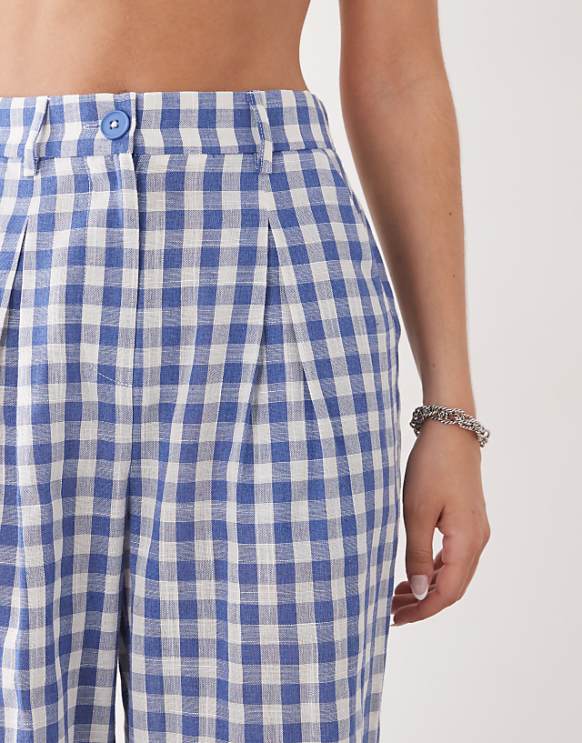 Reclaimed Vintage Baggy Tailored Linen Look Trouser In Blue Check